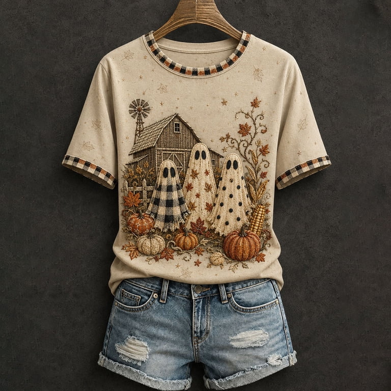 Halloween Womens Tops Happy V Neck Funny Halloween Ghost Party Graphic ...