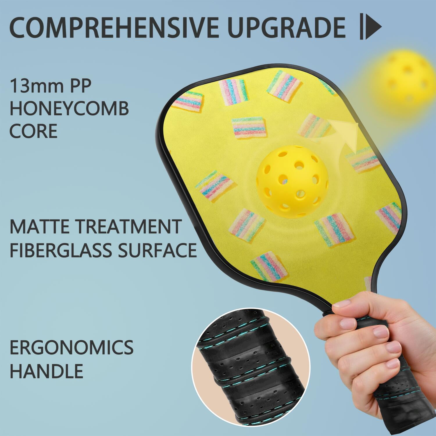 Pickleball Paddles Set Of 1, Fiberglass Surface, Sweet Candy Print, 1 Paddle, 2 Balls & Bag