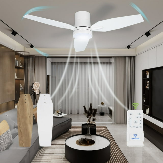 VAGIZM 42 Inch Flush Mount Ceiling Fan with Light - 3 Blades Modern Ceiling Fan for Living Room and Bedroom - Quiet DC Motor - Dimmable - Reversible Function - White