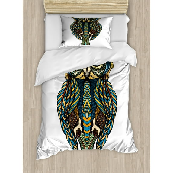Owl Print Duvet Cover Set Twin Size, Bohemian Graphic of Colorful Detailed Bird Artwork on Plain Background Print, Decorative 2 Piece Bedding Set with 1 Pillow Sham, Multicolor, by Ambesonne