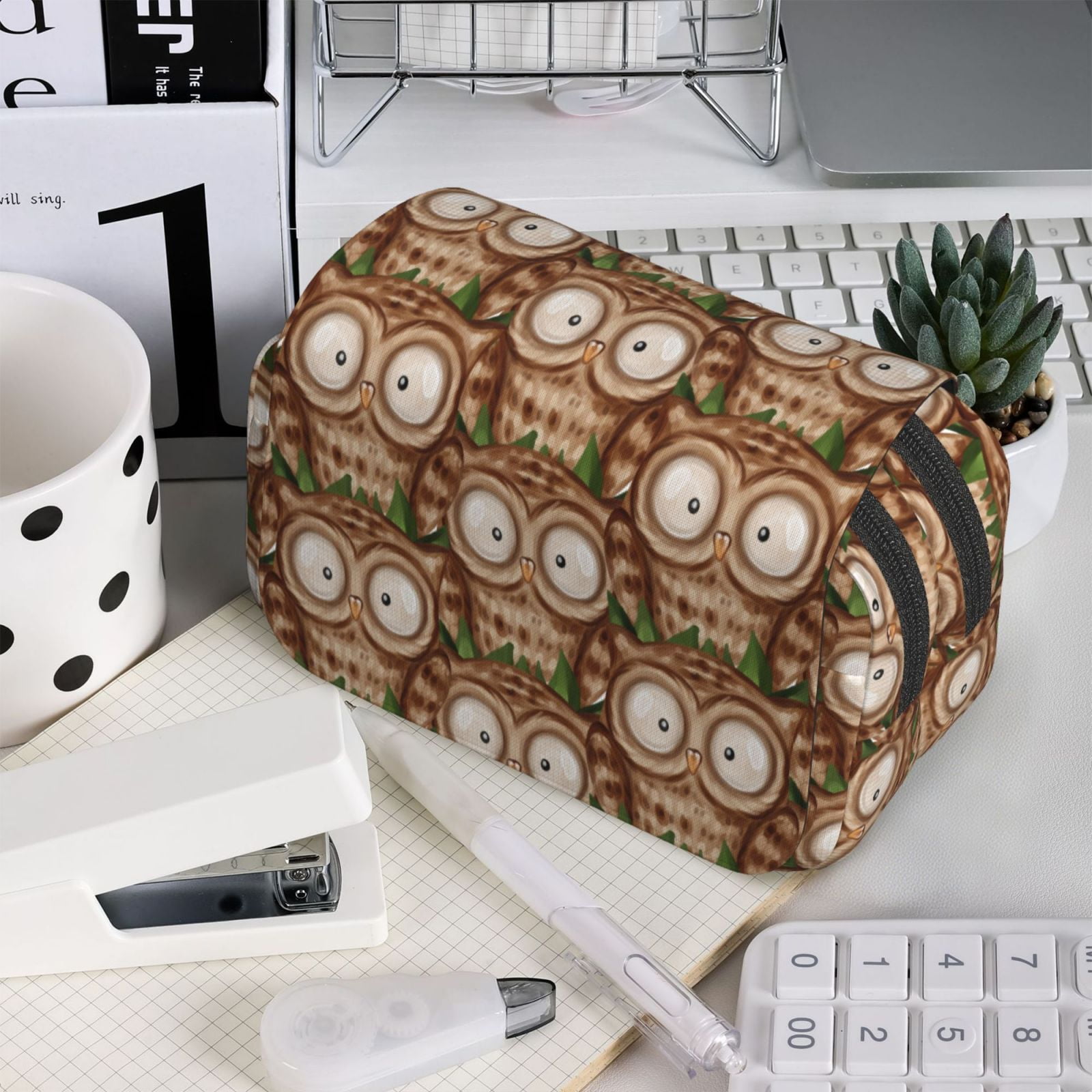 Rateoe Beautiful Owl Pattern Double Clamshell Pen Case, Storage Organizer with Two Zipper Compartments– Holds Up to 50 Pencils & Pens
