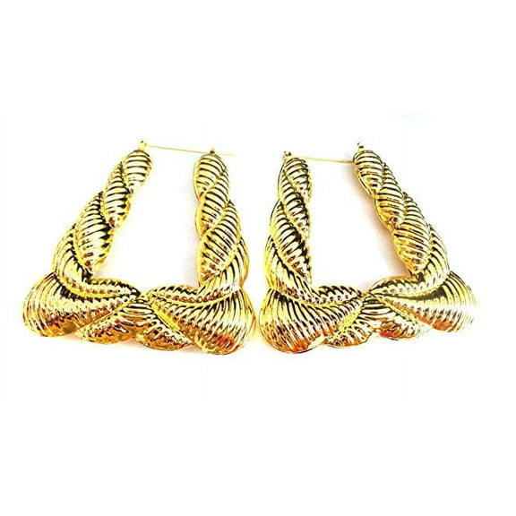 Large Bamboo Gold Tone Rectangle Hoop Earrings