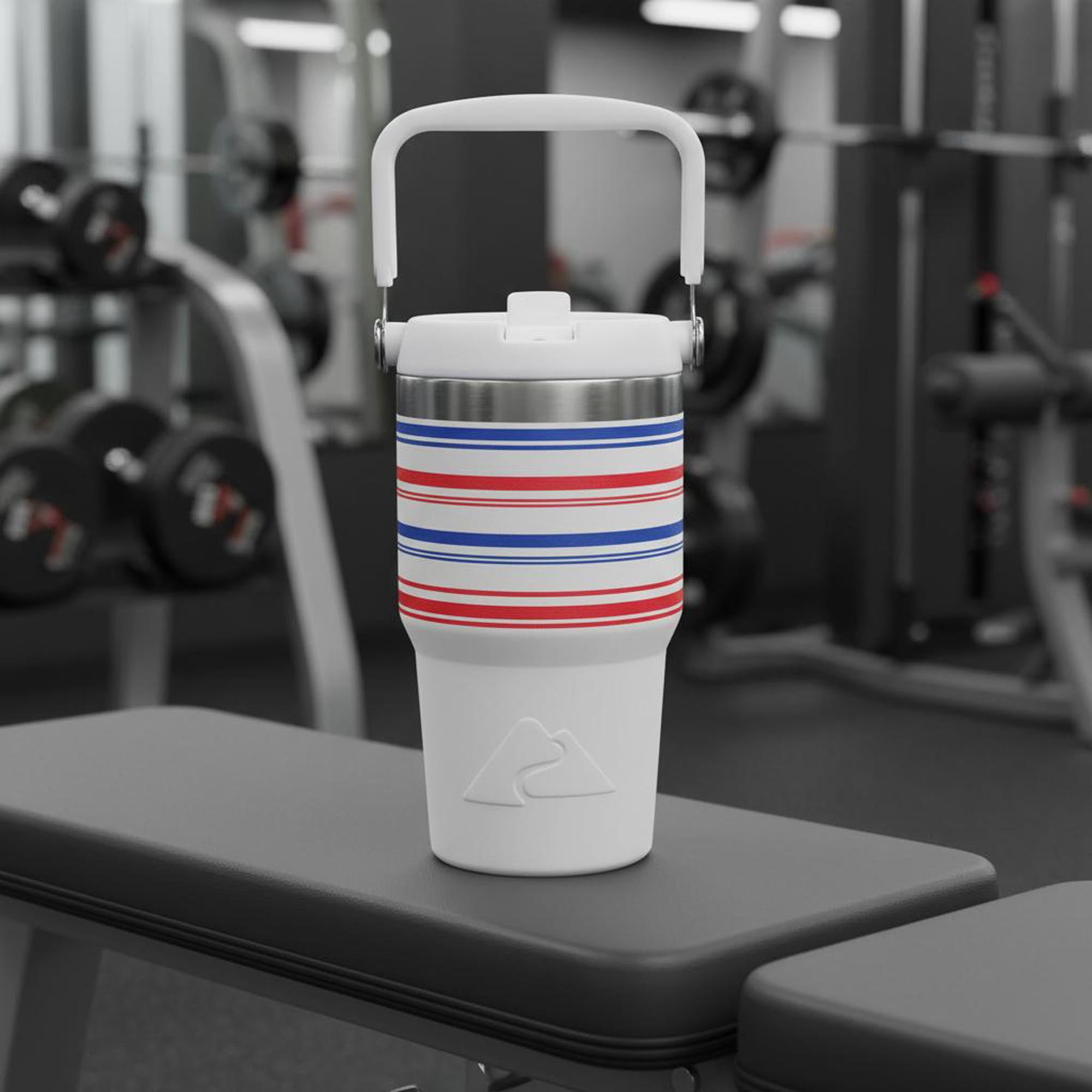 Ozark Trail 18 oz Stainless Steel Insulated Swivel Tumbler, White with Red and Blue Stripes