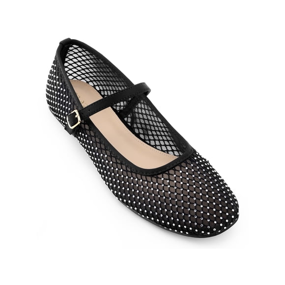 BLISSFUL STEP Rhinestone Breathable Mesh Ballet Flats Pumps for Women Black 9