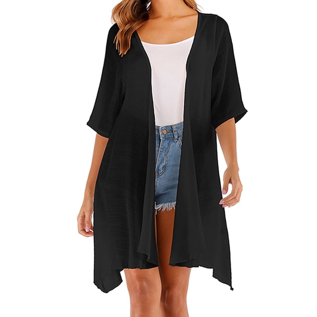 HBFAGFB Lightweight Cardigans for Women Simple Irregular Short Sleeved Top Versatile Coat Black One Size