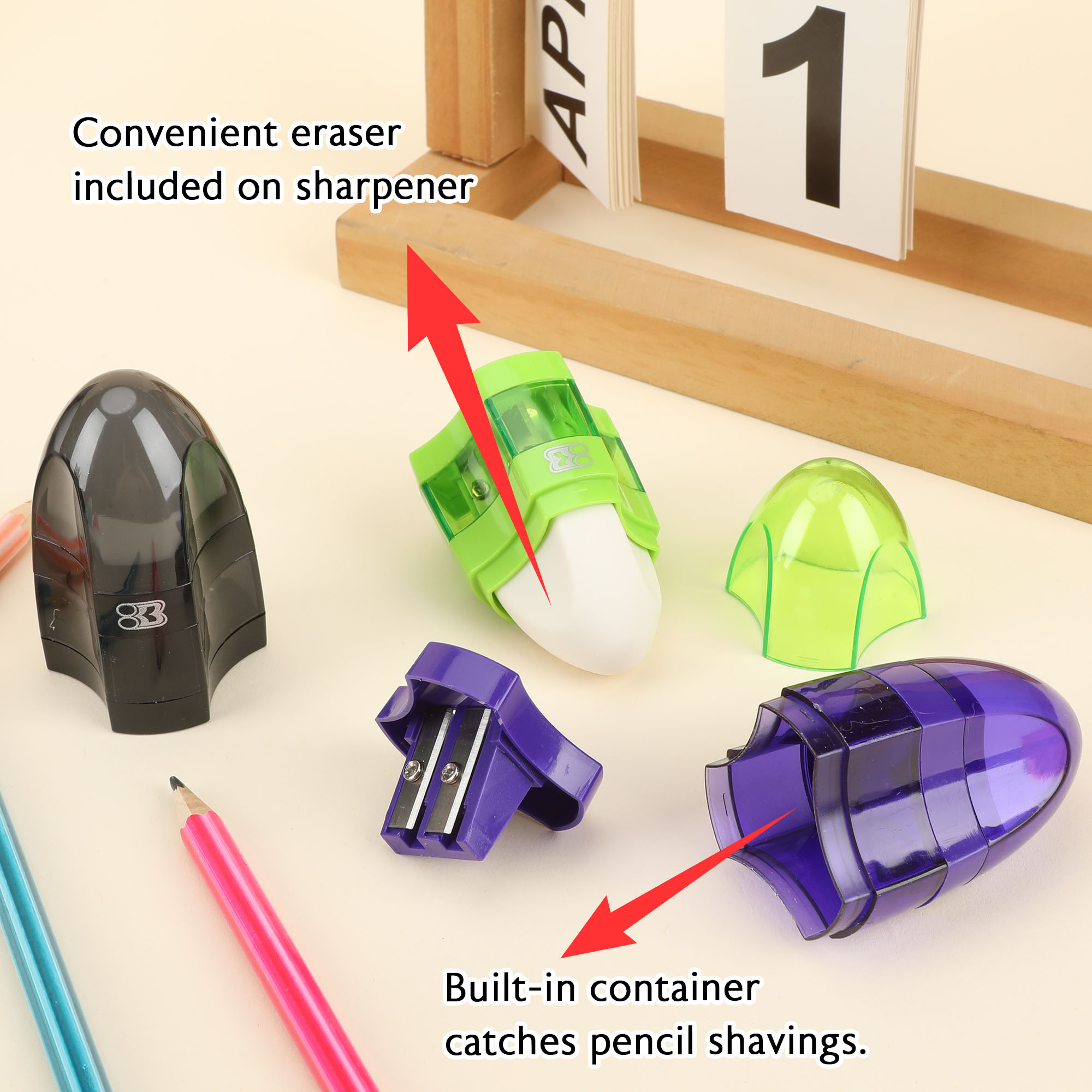 BAZIC Products Manual Pencil Sharpeners & Eraser, 144 Pack, Colorful 2 Sharpening Holes Sharpener with Eraser, Dual Hole
