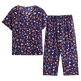 thumbnail image 1 of SNNROO Pyjamas 2 Pcs pour Femmes Tenues Décontractées en Coton et Lin Imprimé Floral Col Rond Manches Courtes Capris Pantalons Ensembles Doux et Respirants (TG Rouge E), 1 of 3