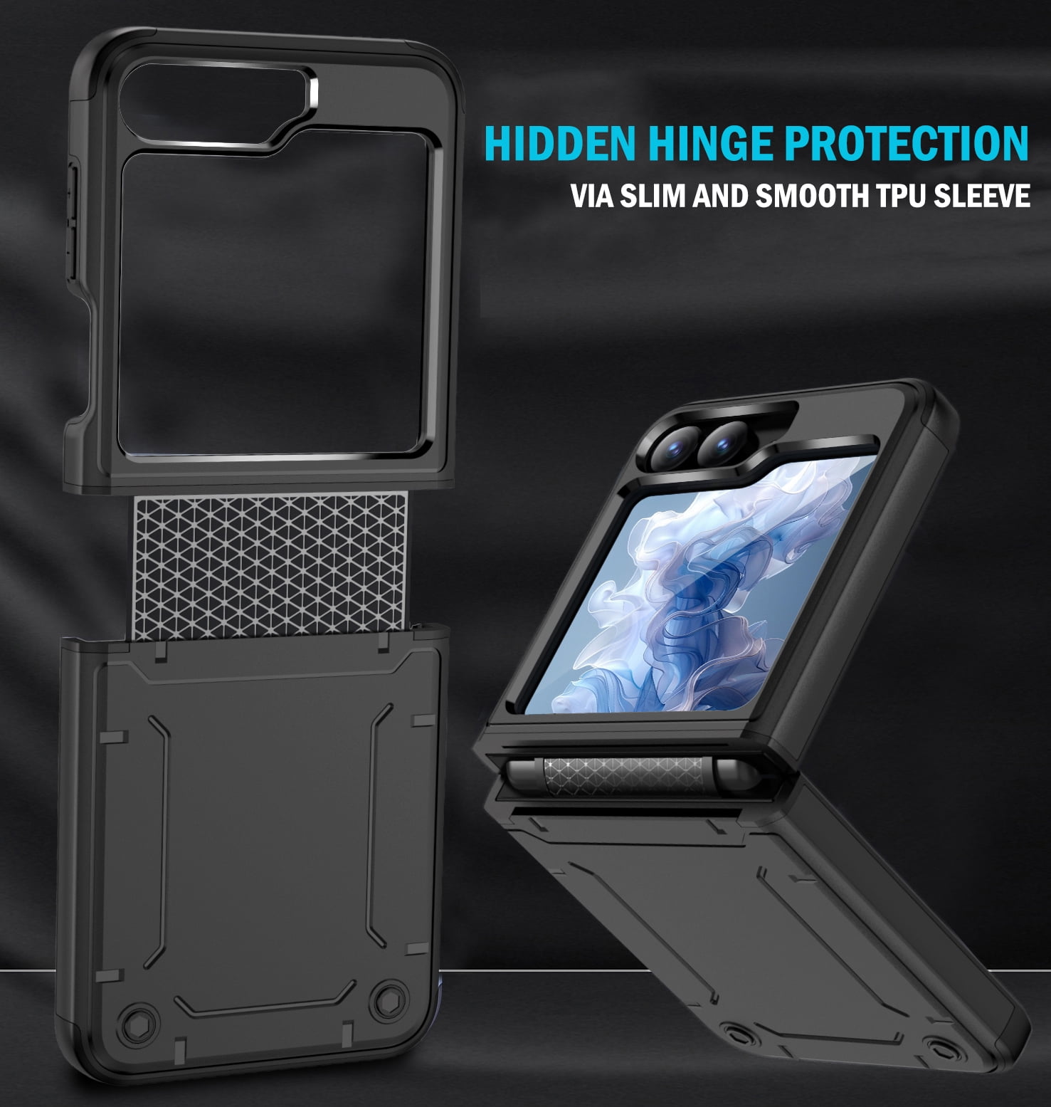 Rizz Case and Belt Clip Combo for Samsung Galaxy Z Flip 6 Phone, Nakedcellphone Rugged Hybrid Cover [with Hidden Hinge Panel Protection] and Rotating Holster Holder for Z Flip6 - Black