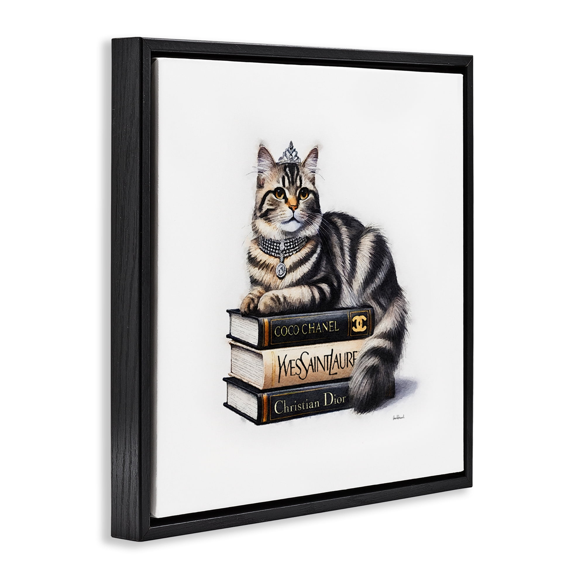 Stupell Industries Fashion Books & Cat Animals Painting Black Floater Framed Canvas Art Print Wall Art, 18 x 18