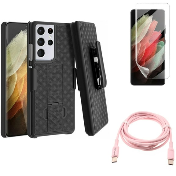 Pink 6ft Long Cable & Matte Screen Protector & Case Belt Clip for Samsung Galaxy S21 Ultra Phone - USB-C to Type-C PD Fast Charger & TPU Film Anti-Glare & Holster Swivel Accessory Bundle