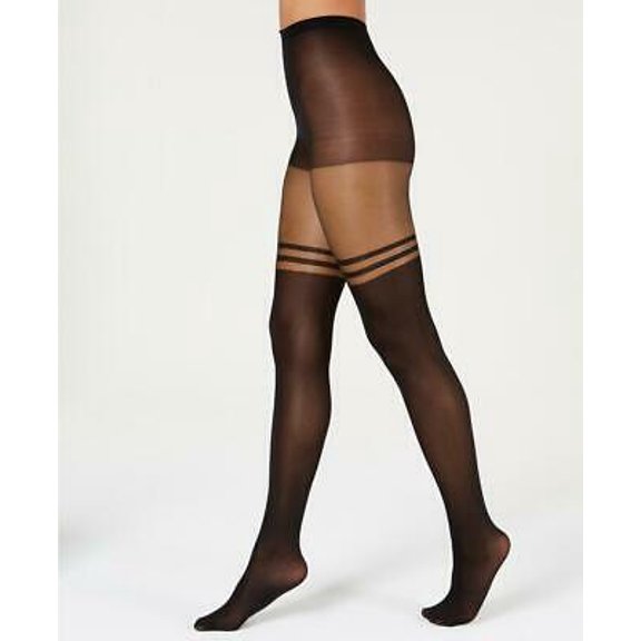 INC International Concepts Women's Striped Mock Thigh-High Tights, Black, Large / X-Large