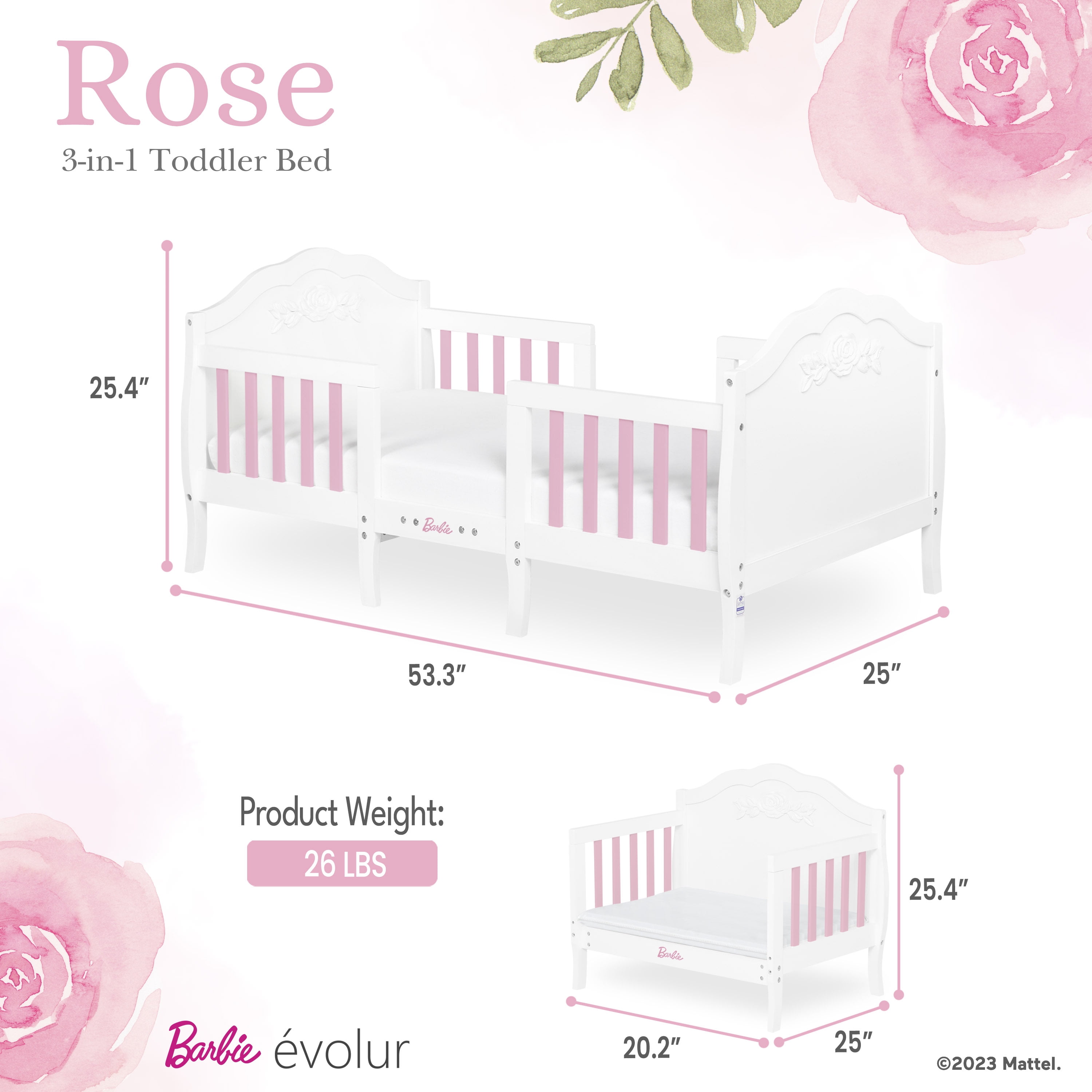 Evolur Rose Toddler Bed in White and Pink