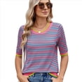 thumbnail image 2 of Camisas de Corta de Verano para Mujer, Suéter A Rayas, Lindas Blusas Casuales de Punto con Cuello Redondo A Azul y Verde XL, 2 of 9