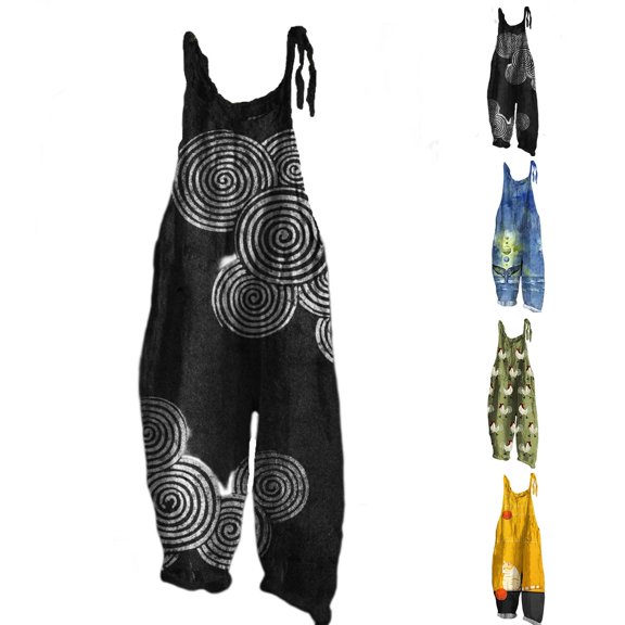 YVNAURA Women Printed Casual Jumpsuits 2025 Sleeveless Wide Leg Loose Fit One Piece Romper with Pockets V Neck Summer Beach Vacation Travel Outfits Trendy, Black,L