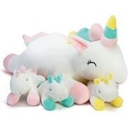 Prextex Plush Unicorn Pillow with Zippered Pouch for Its 3 Little Plush Baby Unicorns - Plushlings Collection Soft Stuffed Animal Playset
