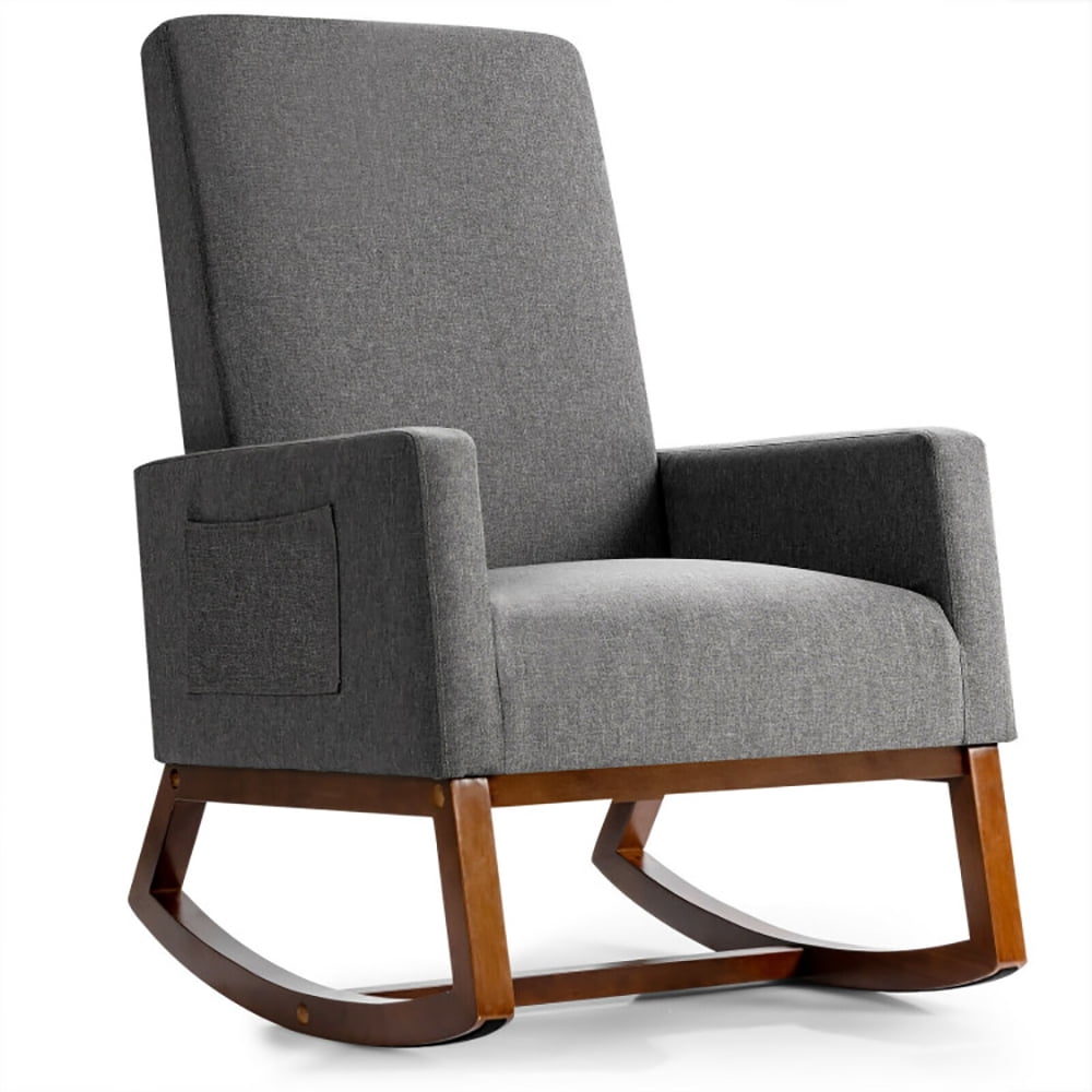 Resenkos Rocking Chair Nursery Glider, Comfy Rocker Nursery Chair, Rocking High Back Upholstered Lounge Armchair with Side Pocket-Gray