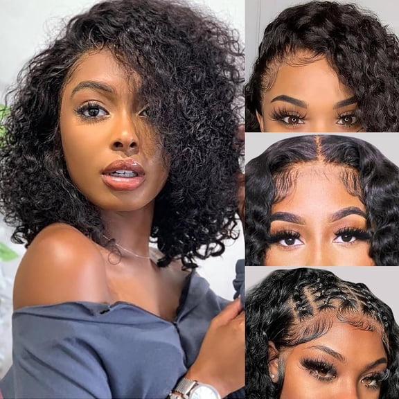 African woman with short black curly hair and synthetic hair wig