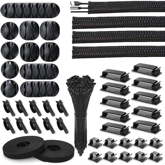 PINHEN 152pcs Cable Management Cable Tidy, 4 Cable Tidy Sleeves, 20 Cable Clips, 23 Roll Cable Organiser Straps, 3 Silicone Cable Holder, 100 Wire Organizer Ties
