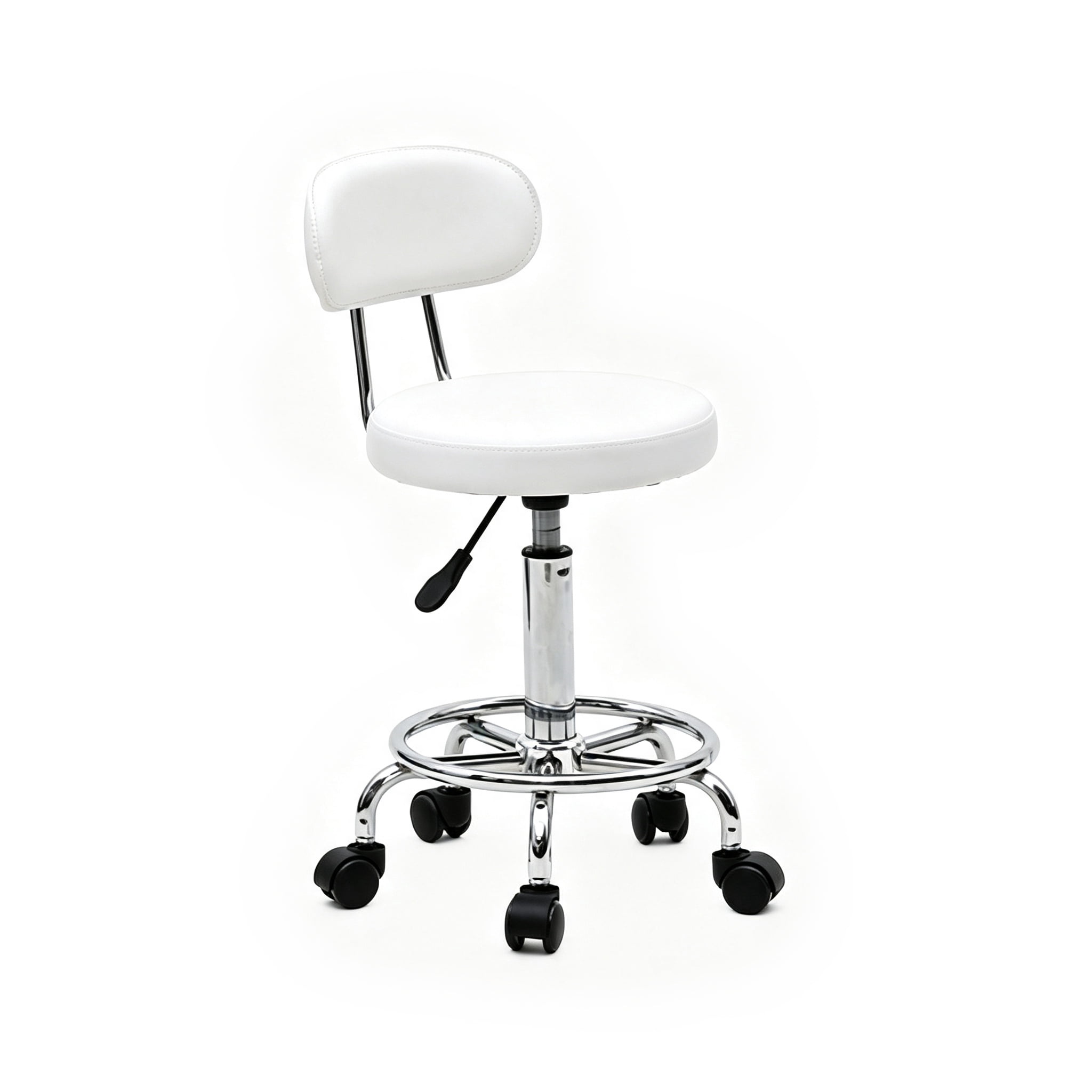 Salon Stool Round Shape Adjustable with Back and Line, White