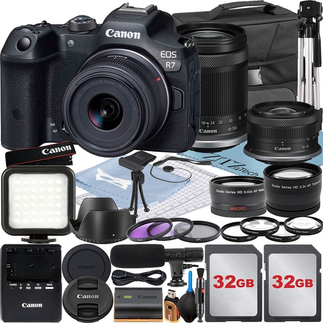 Canon EOS R7 Mirrorless Camera with RF-S 18-45mm + 18-150mm Lens + 2 Pack 32GB Memory Card + Case + ZeeTech Accessory