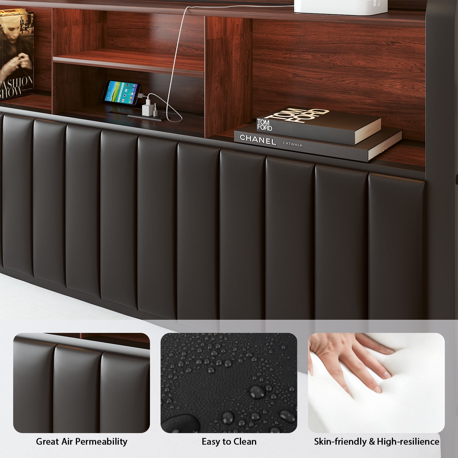 Full Bed Frame with LED Lights, Charging Station , Tall Storage Headboard