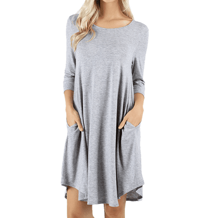 TheLovely - Women 3/4 Sleeve Round Hem A-Line Tunic Dress with Side ...
