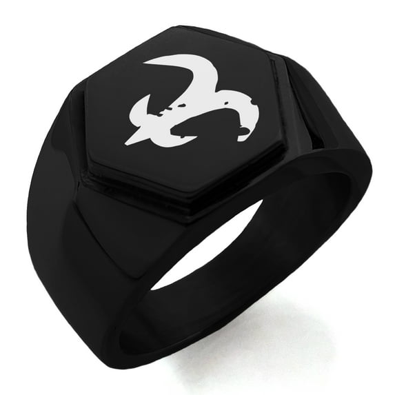 Stainless Steel Ancient Tribal Mercy Rune Engraved Hexagon Crest Flat Top Biker Style Polished Ring