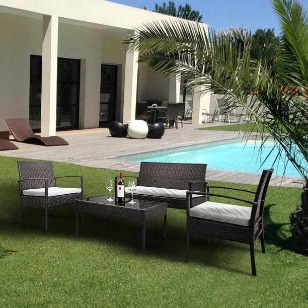 Zimtown Patio Al Aire Libre Muebles de Mimbre para Jardín Juego de Conversación de Ratán 4 Uds Marrón, Juego de Bistró de Mimbre con Mesa y Sillas