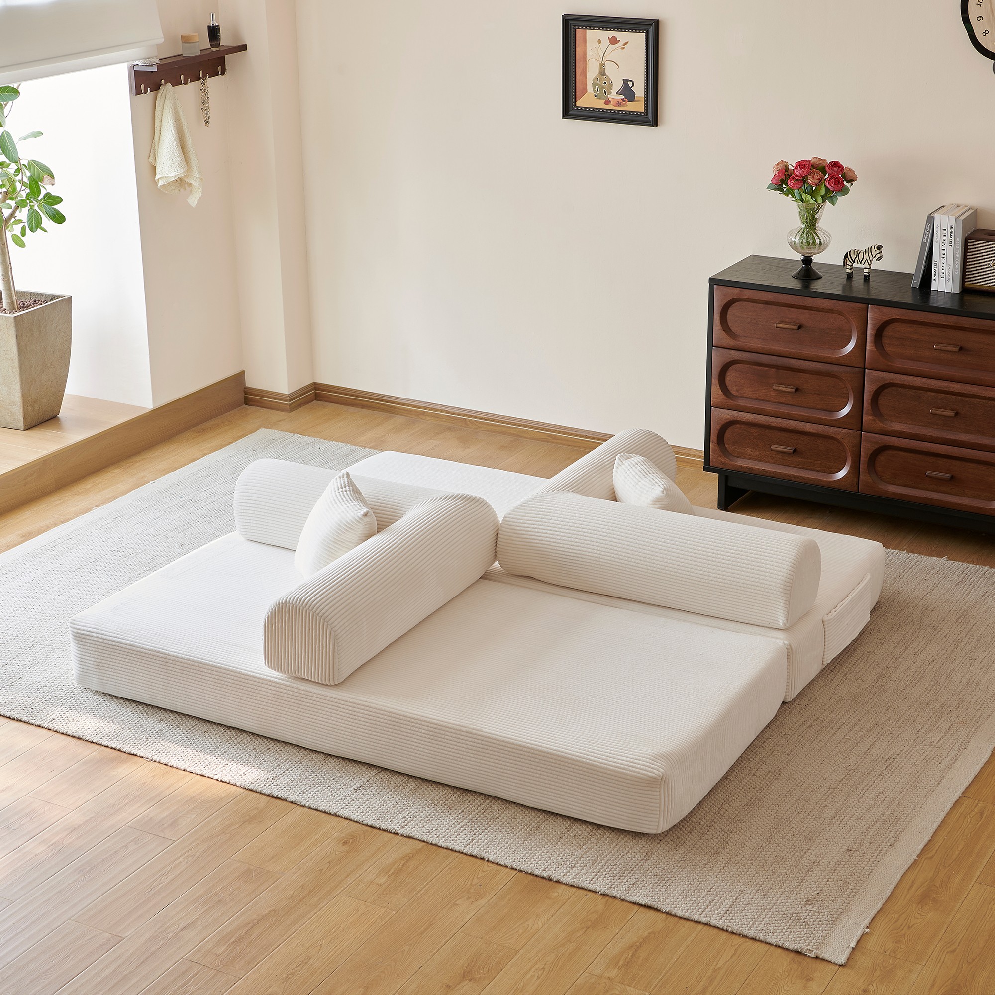 DEALTOPS 79" Convertible Corduroy Floor Sofa Bed, Modular Sleeper Couch with Memory Foam, Beige