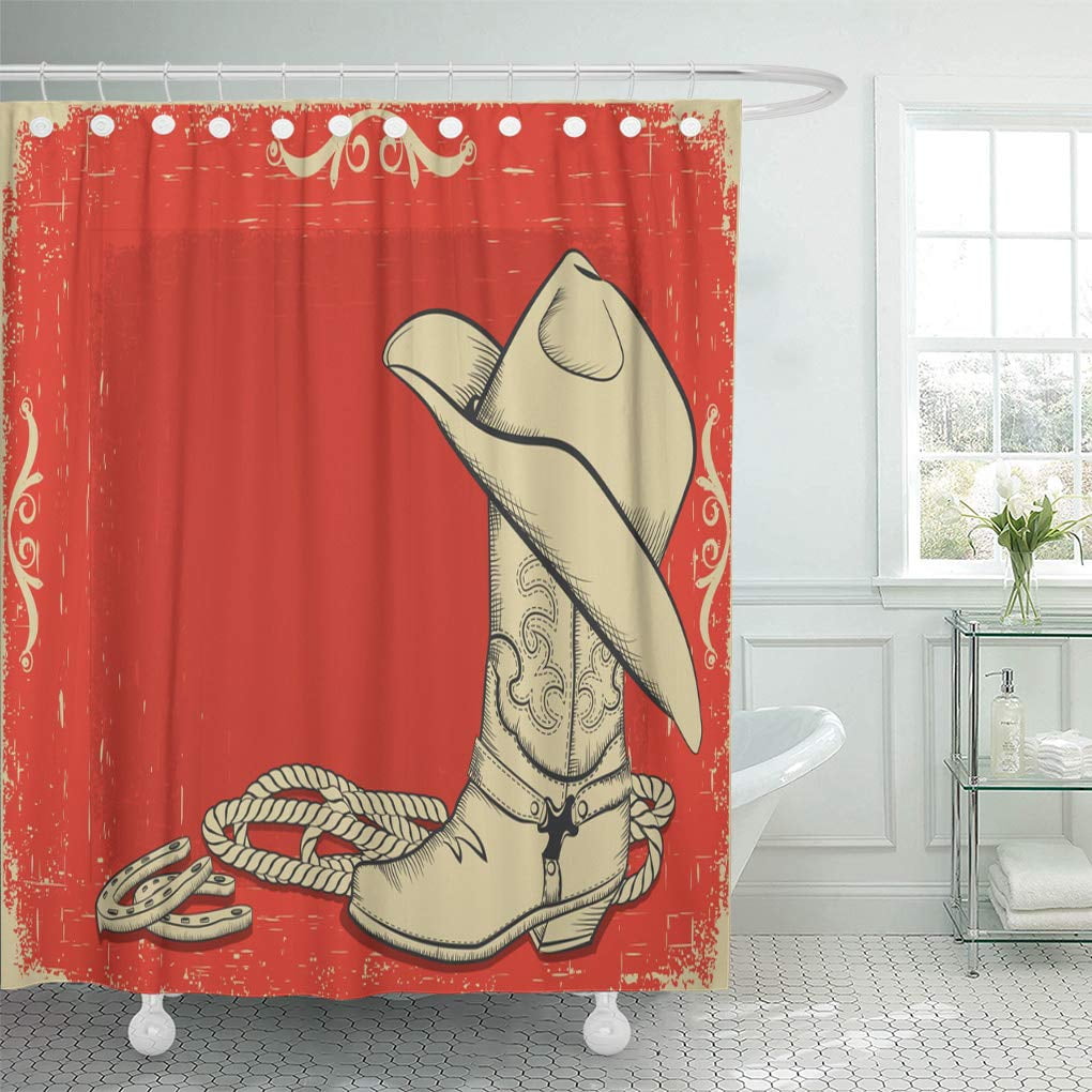 Pknmt Silhouette Red American Western With Cowboy Boot And Hat Horseshoe Old Rancher Bathroom Shower Curtains 60x72 Inch Walmart Com Walmart Com