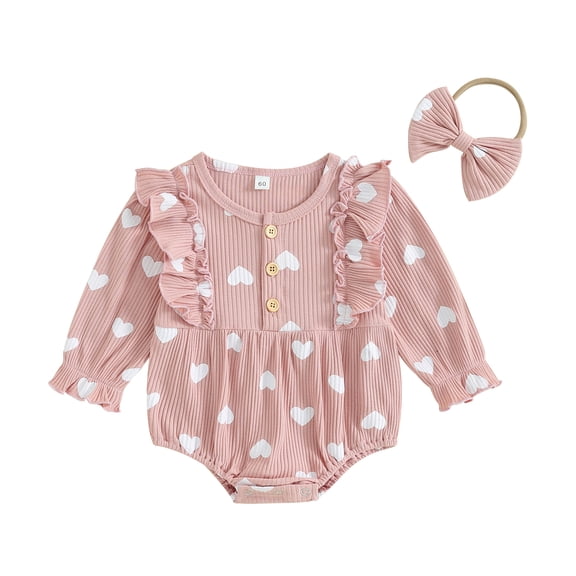 Suealasg Infant Girl Fall Onesie Bodysuits Baby Valentine's Day Clothes 3M 6M 12M 18M Newborn Long Sleeve Heart Print Button Jumpsuits for Boys Girls Headband