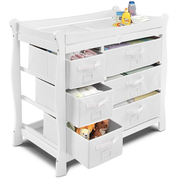 Costway White Sleigh Style Baby Changing Table Diaper 6 Basket