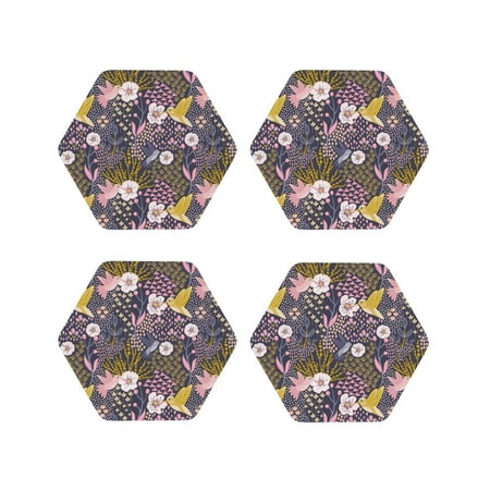 

Leather Coasters Set of 4 - Cartoon Hummingbird Flower Lightweight Non-Slip Drink Coasters for Desk Anti-Scalding Desk Cup Coasters for Office Table Decor Hexagon
