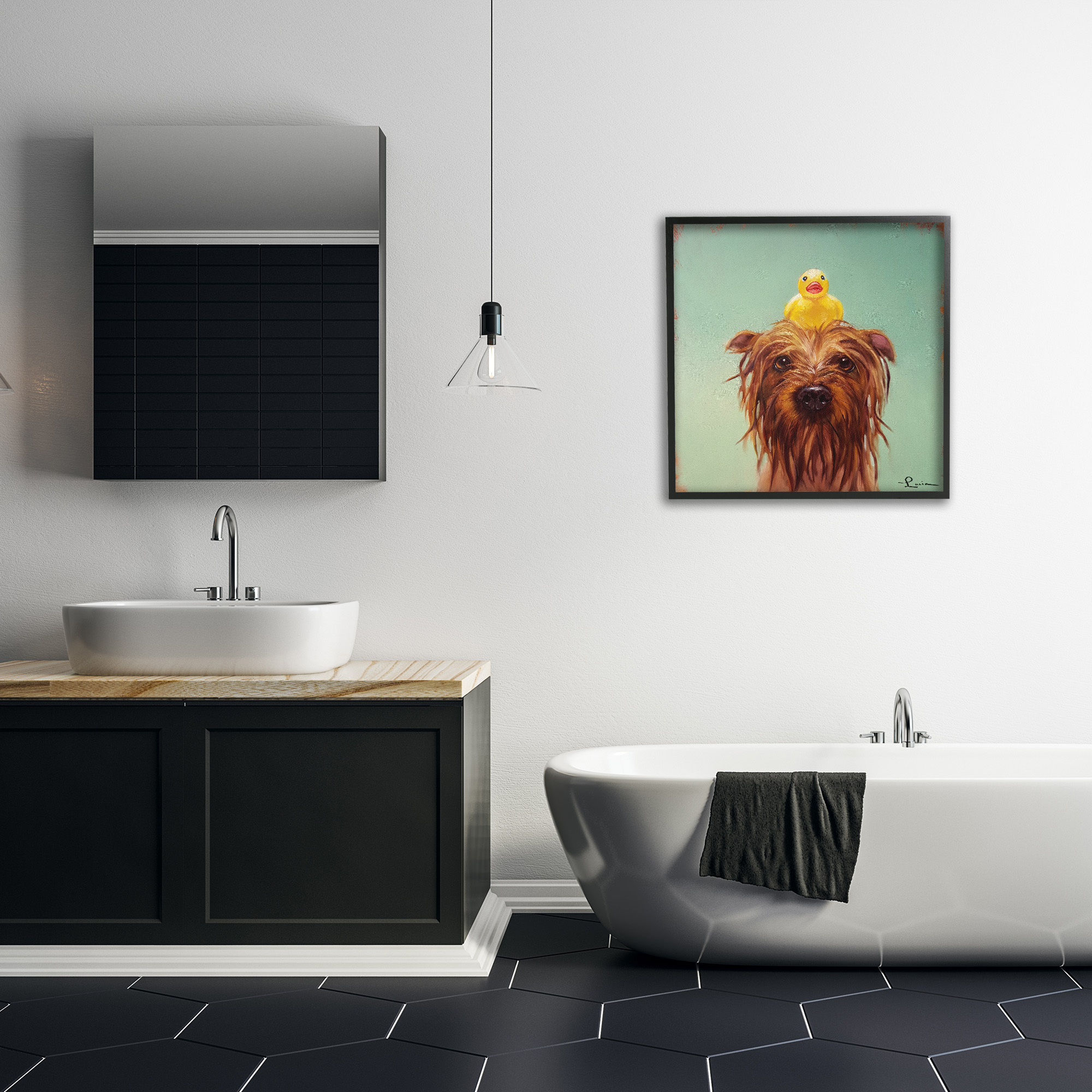Stupell Industries Wet Dog with a Rubber Ducky Animals & Insects Painting Black Framed Art Print Wall Art, 24 x 24