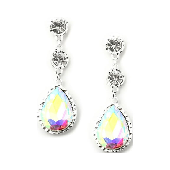 Silver Crystal Rhinestone with Large Aurora Borealis Teardrop Dangle Earrings