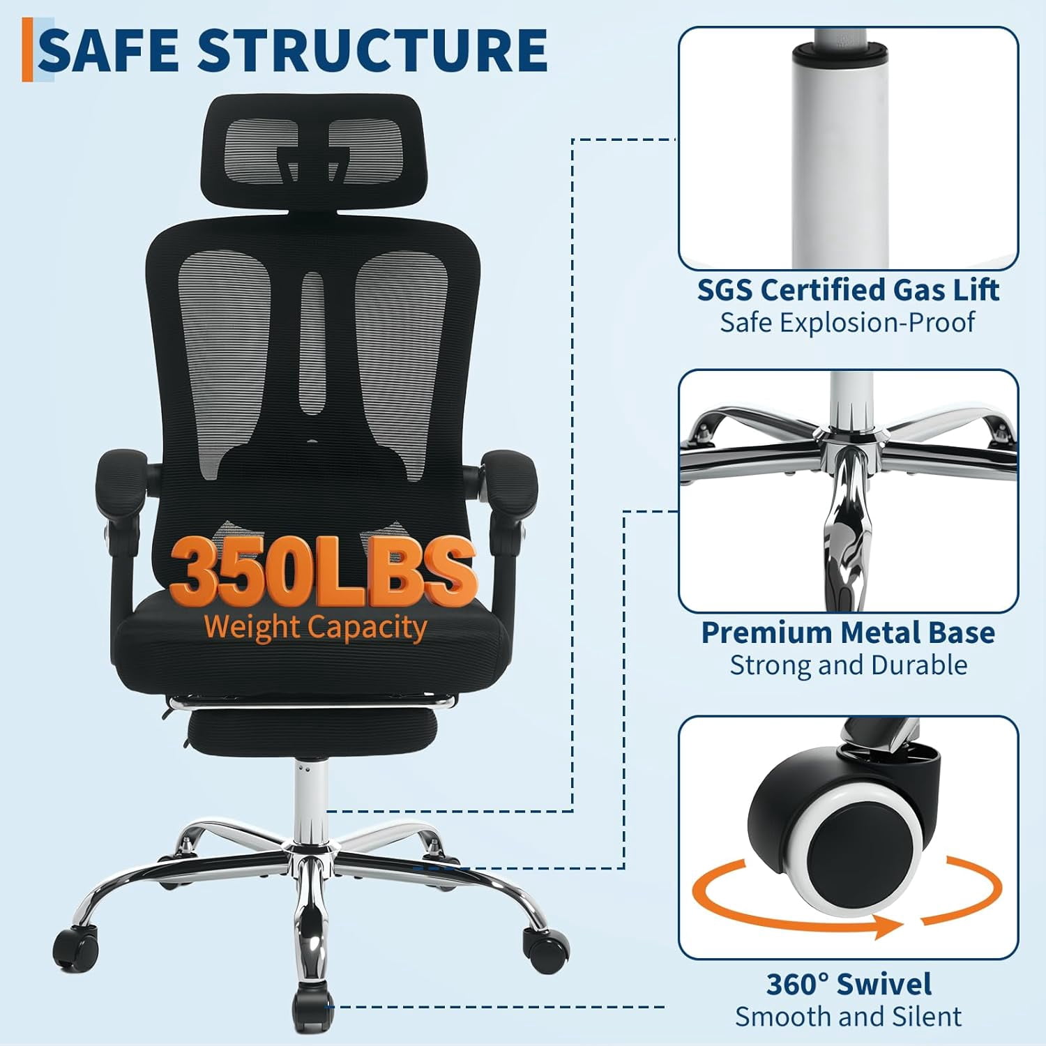 Ergonomic Mesh Office Chair with Retractable Footrest Executive High Back Computer Desk Chair with Adjustable Headrest & Lumbar Support for Home Office or Bedroom