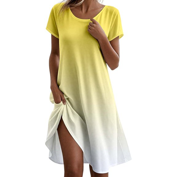 Women's Casual Dress Flowy Round Neck Boho Summer Dress for Home Beach Comfortable,Light Yellow,XXXXL
