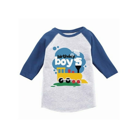 Awkward Styles Toy Train Birthday Boy Youth Raglan 5th Birthday Jersey Shirt for Boys Birthday Gifts for 5 Year Old Fifth Birthday Party Outfit Boys B-Day Baseball Jersey Shirt Truck Themed