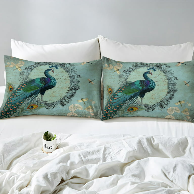 Blue and green peacock decor aesthetic bedding set full, luxury duvet