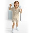 thumbnail image 5 of Usaibhir Baby Boy Cotton Linen Shorts Set Solid Color Short Sleeve Button Down T-Shirt Tops and Shorts Summer Outfit Clothes 12M-5T, 5 of 10