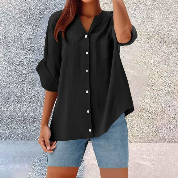 BLTIBY Womens 3/4 Sleeve Shirt Spring Fall Solid Color V Neck Button Blouse Casual Fashion Lightweight Tops with Pockets Black S