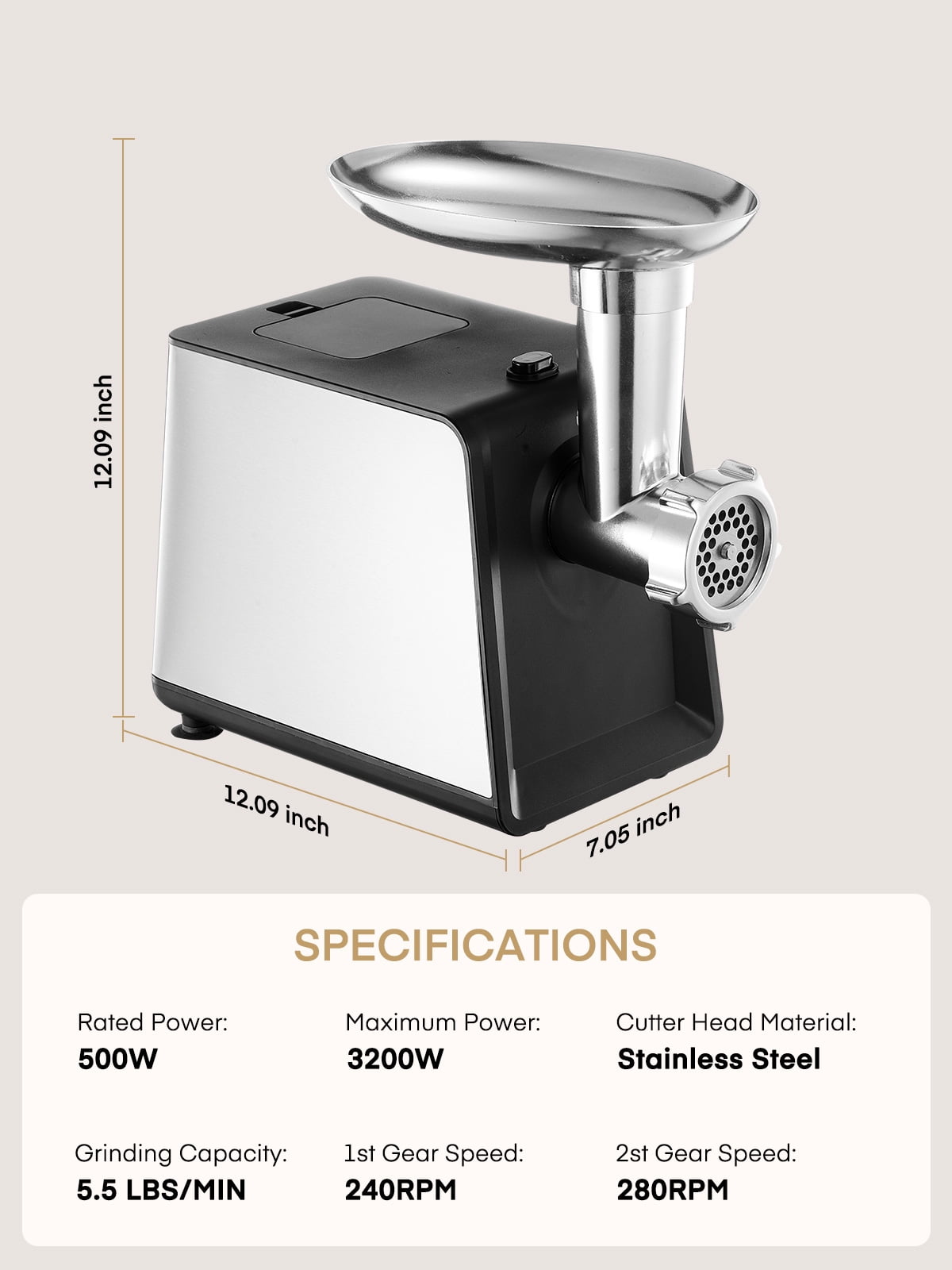 FOHERE Electric Meat Grinder Heavy Duty 3200W Max Stainless Steel with Blades, Plates, Sausage Tubes & Kubbe Kit for Home Use