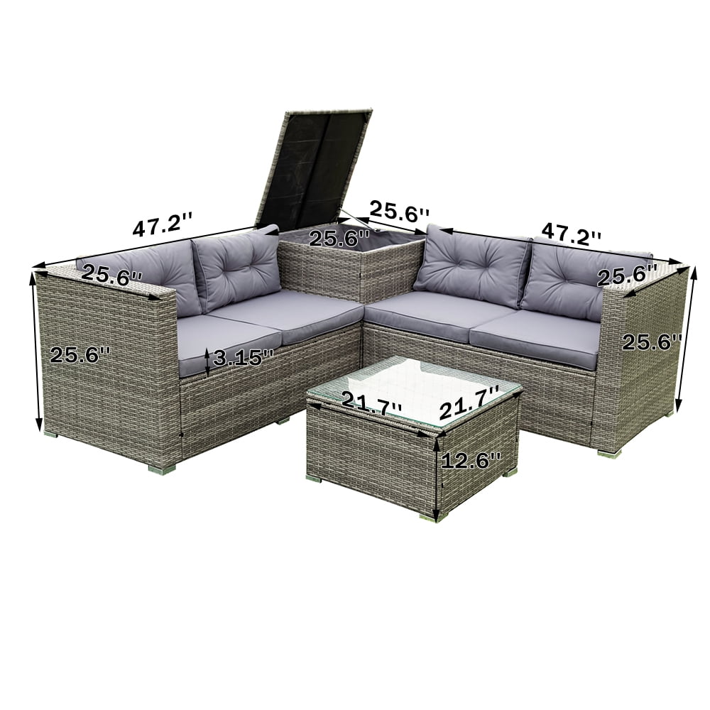 SEGMART Patio Rattan Sectional Couch Set, 4 Piece Outdoor Wicker Furniture Set, Elegant Cushioned Sofa Set, Conversation Chair Set with Storage Box & Table for Backyard, Lawn, Poolside, B896