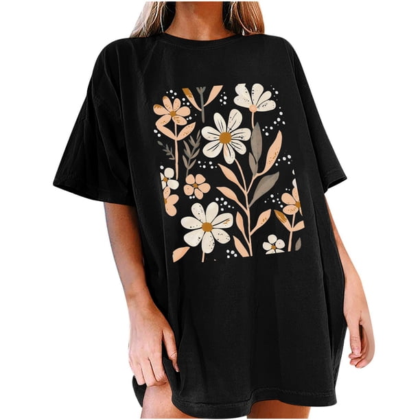 Faldas Cortas para Mujeres, Impresión de Flores Casual Oversized Camiseta de Manga Corta Top Hecho de 95% Poliéster 5% Spandex para Primavera Verano, Falda Corta de Verano