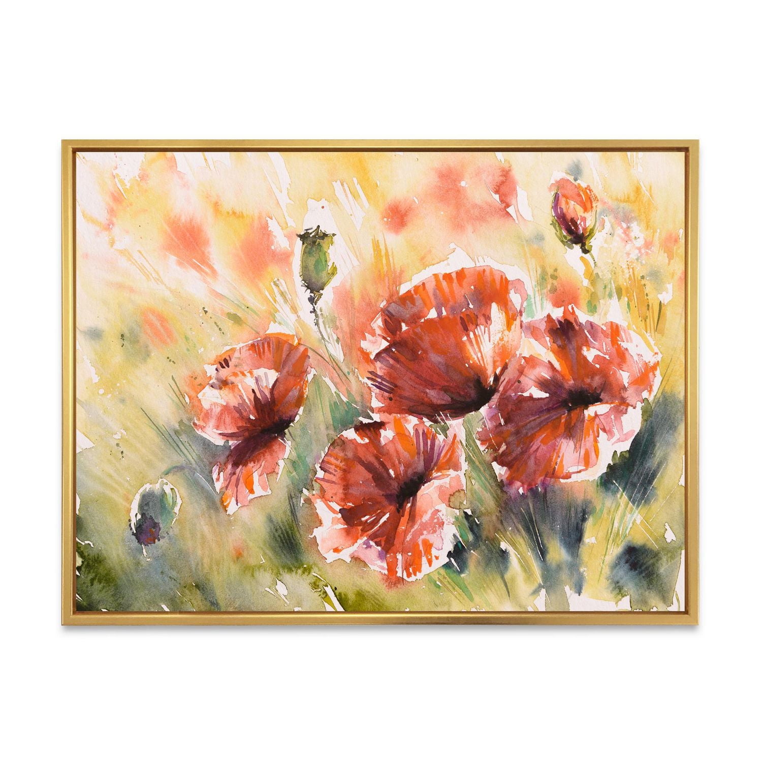 Designart Red Poppy On A Field FLOAT FRAME WALL ART