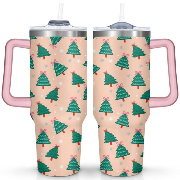 Orange and Green Bow-tie Pine Tree 40 Oz Tumbler with Handle Lid and Straw Stainless Steel Double Walled Vacuum Insulated Cup Merry Christmas Gifts Tumbler for Women Men Friends Outdoor Indoor
