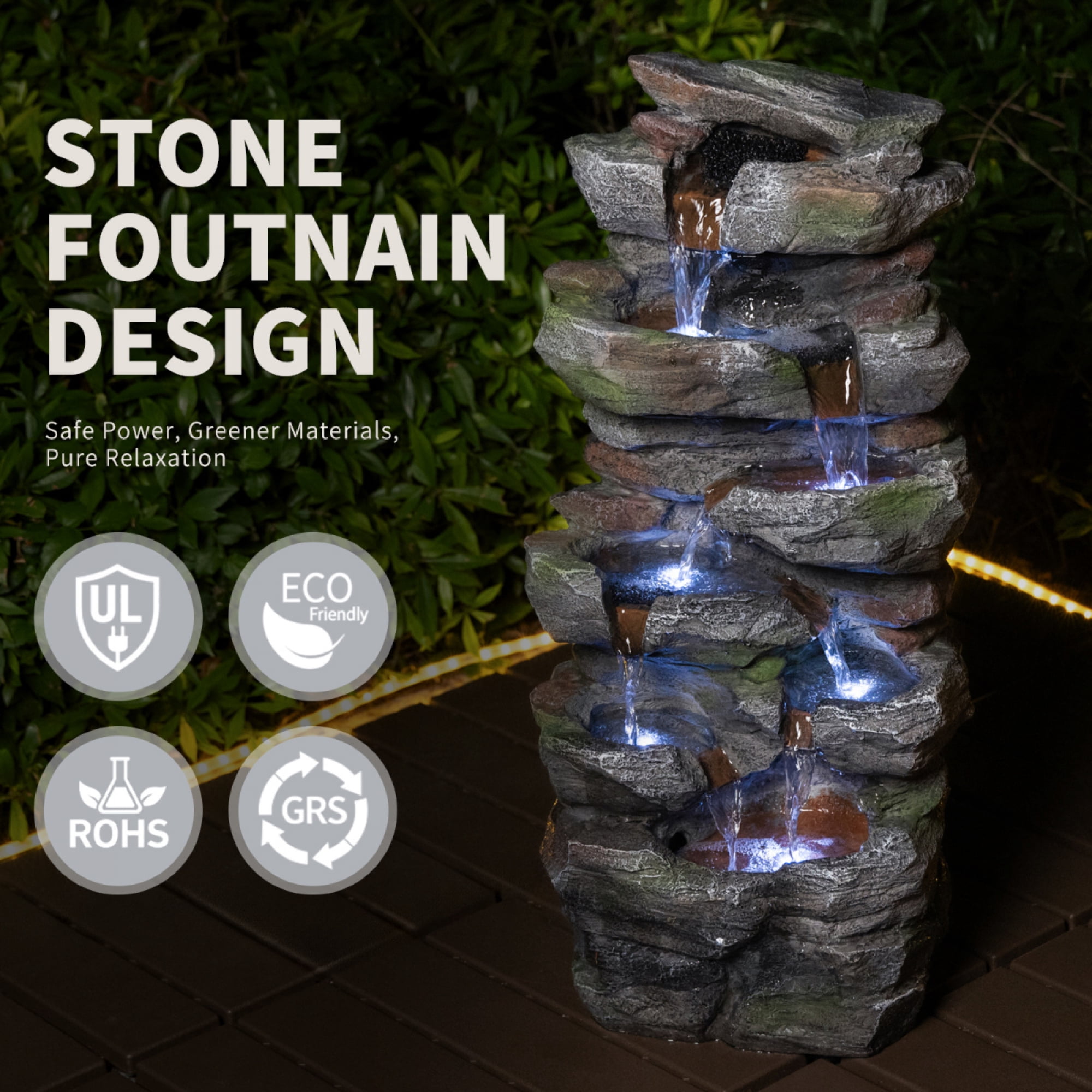 24" Outdoor Rock Waterfall Fountain with Cool LED Lights, 5-Tier Cascading Resin Water Feature for Serene Garden, Patio, Backyard and Porch Decor