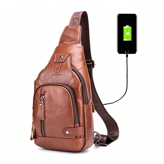 AOMRCOL Genuine Leather Sling Bag for Men Usb Charging Port,Multi-Pocket,Chest Bag,Hiking Travel Daypack Man Bag