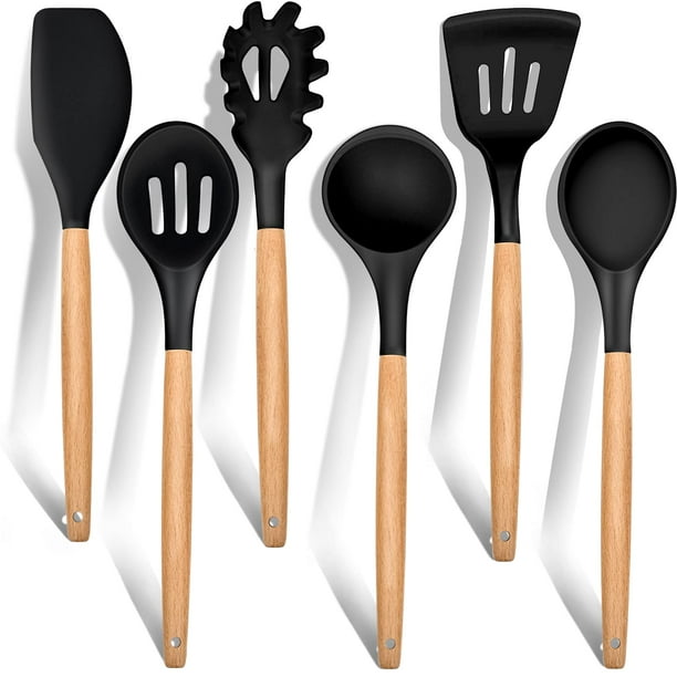 Juego de utensilios de cocina E-far de silicona con mango de madera, 6 piezas