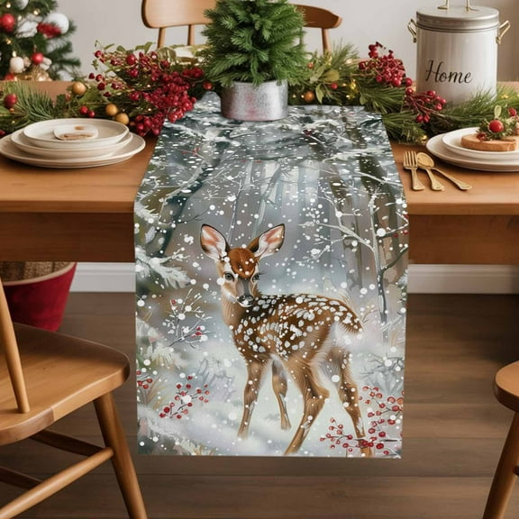 Burlap Table Runner 36 Inches Long,Winter Christmas Deer Snowy Forest Non-Slip Kitchen Table Runners for Dining Room Everyday Use Party Table Decorations Xmas Animal Holly Branch